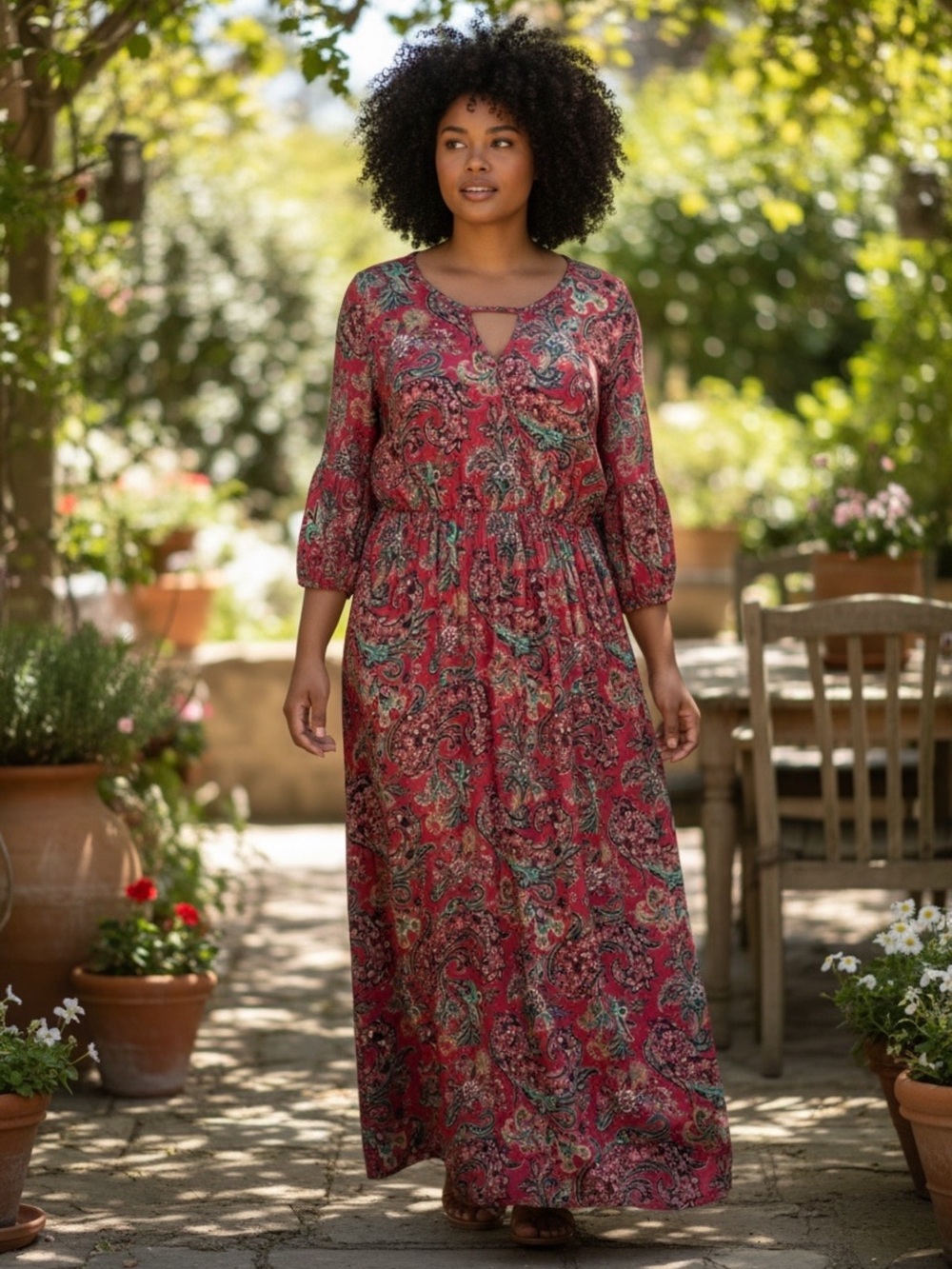 ONE WORLD Floral Paisley Maxi Dress Cutout Front and Lace Panel on Back (N-1)